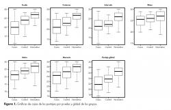 Gráficas de cajas de los puntajes por prueba y global de los grupos.